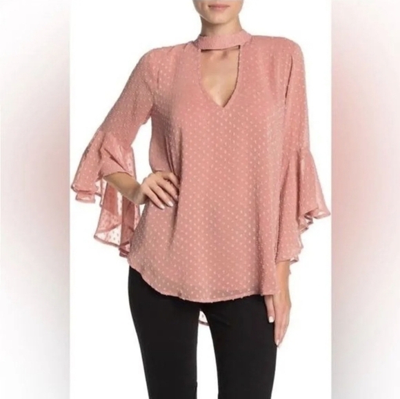 Band of Gypsies Tops - BAND OF GYPSIES Blush Boho Bell Sleeve Chiffon Swiss Dot Blouse, Size Large. NWT